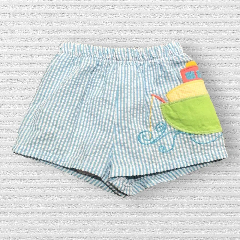Bailey Boys Baby Swim Trunks 3M Blue Seersucker Boat Applique Lined
